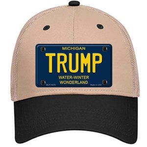 Trump Michigan Blue Metal on Trucker Mesh Snapback Hat - Khaki